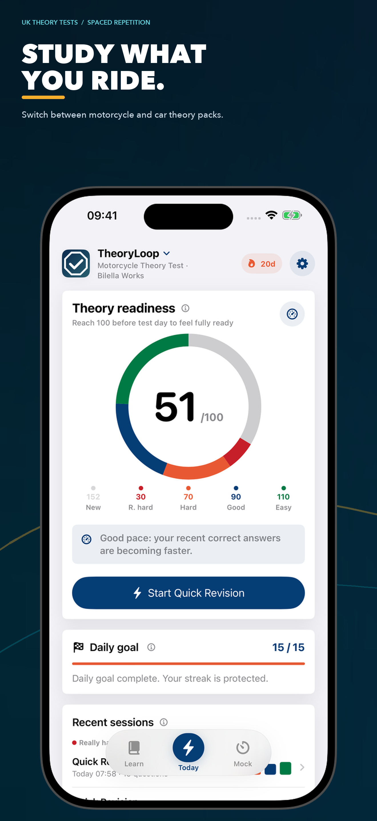 Motorcycle theory revision progress dashboard