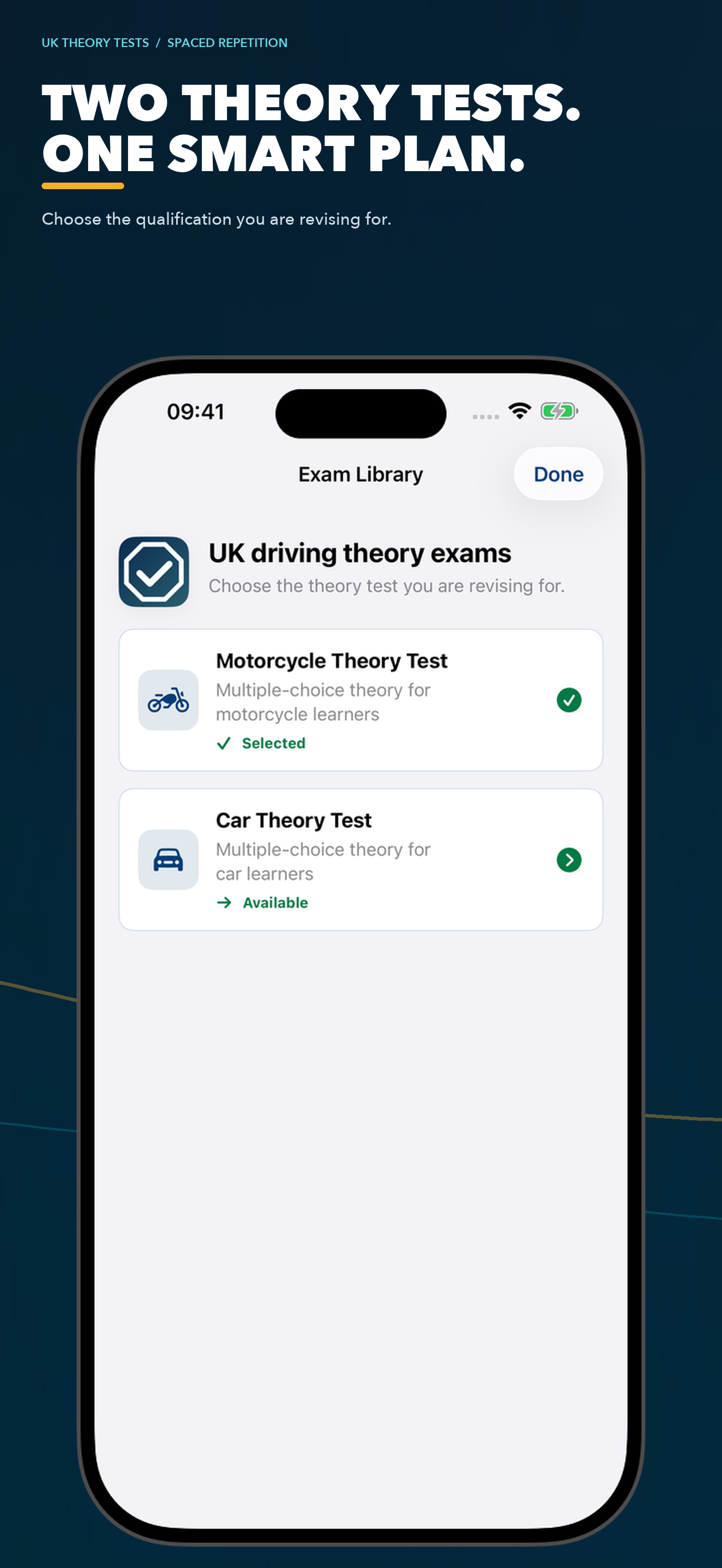 TheoryLoop exam library with car and motorcycle theory tests