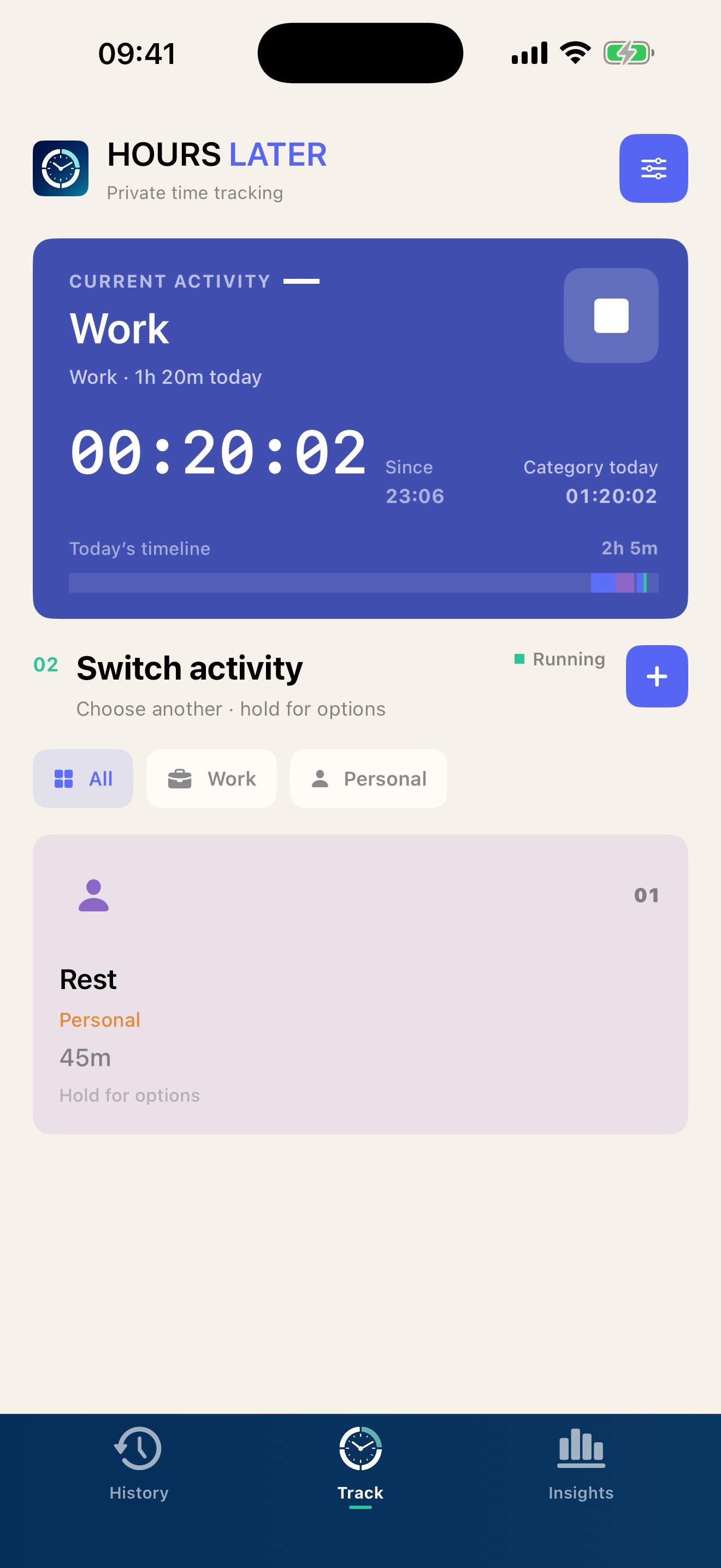 Hours Later tracking a Work activity with an elapsed timer