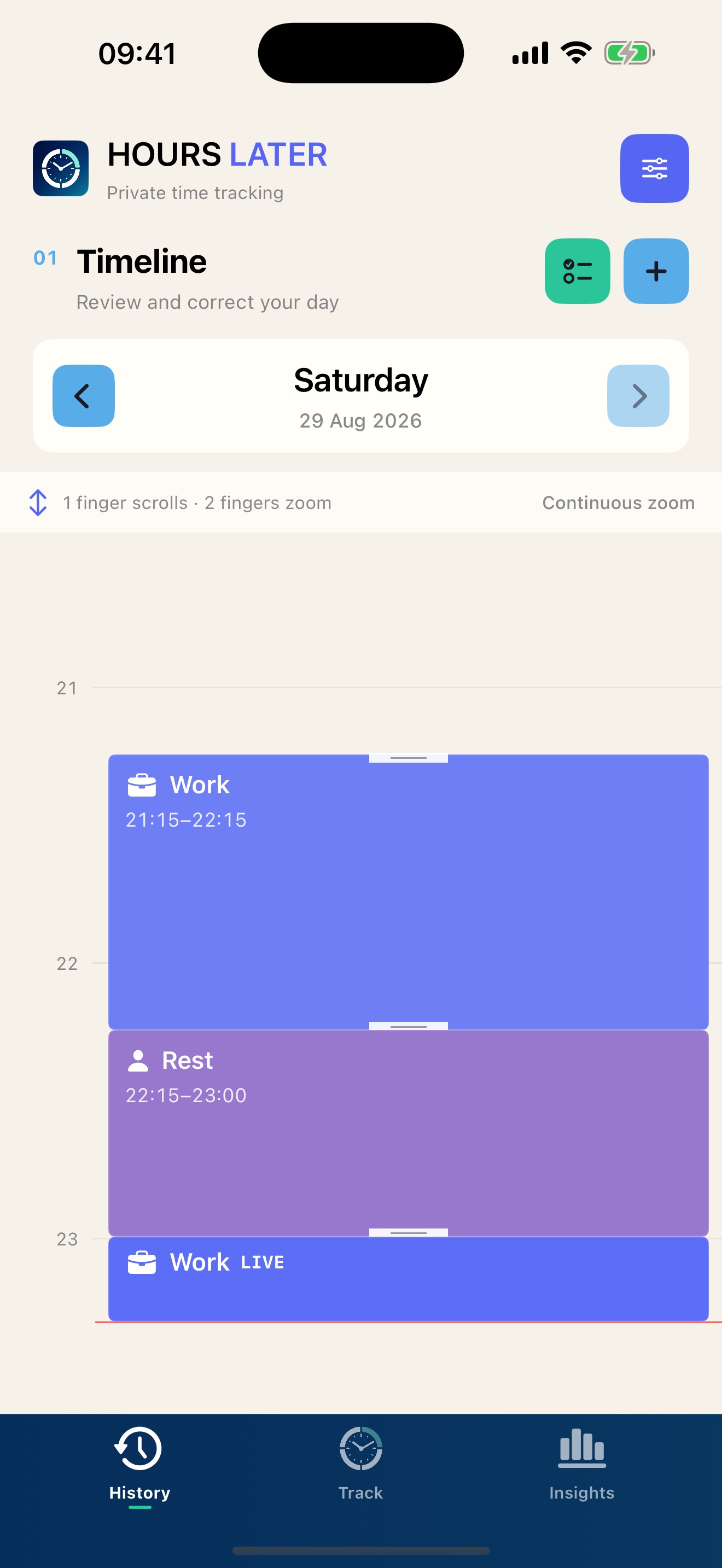 Hours Later editable timeline showing Work and Rest entries