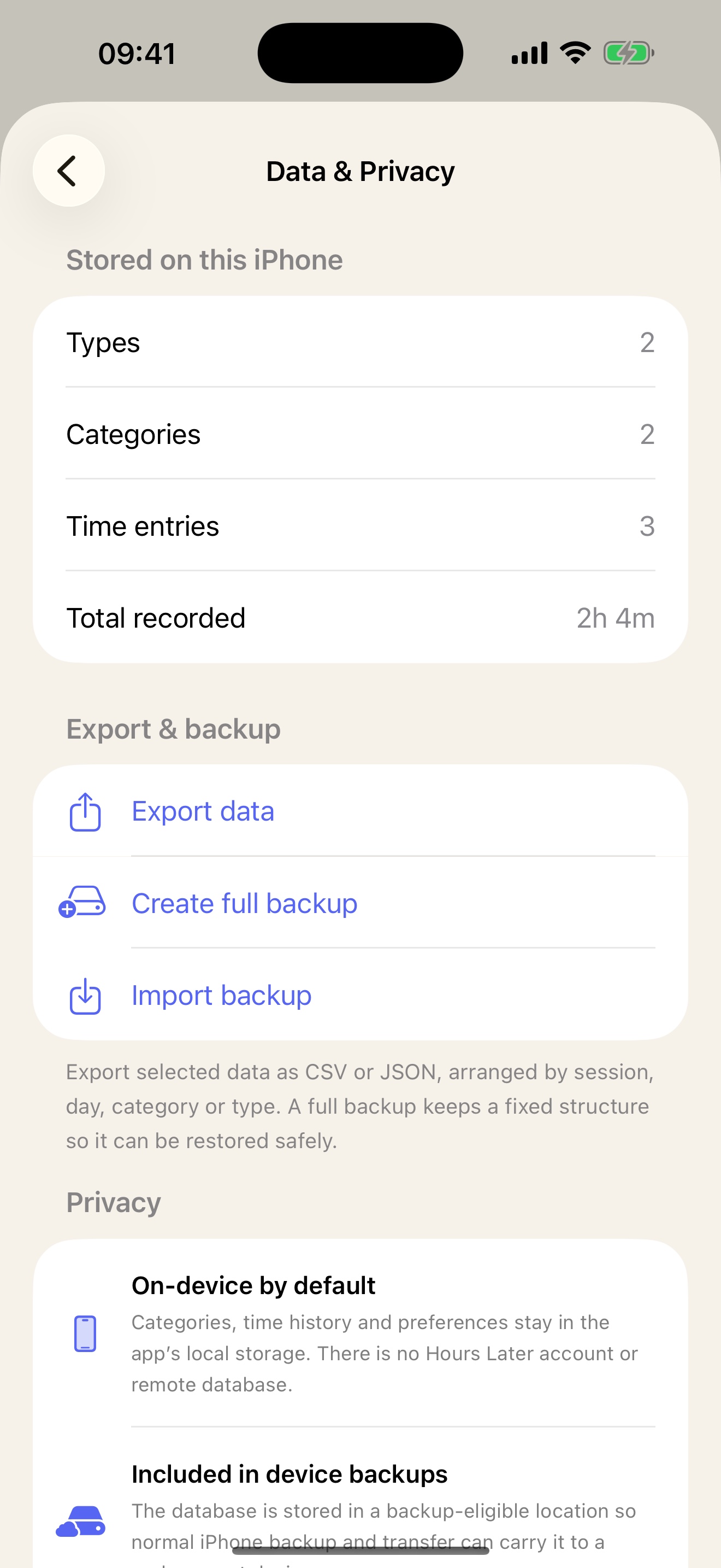 Hours Later data and privacy screen with export and backup controls