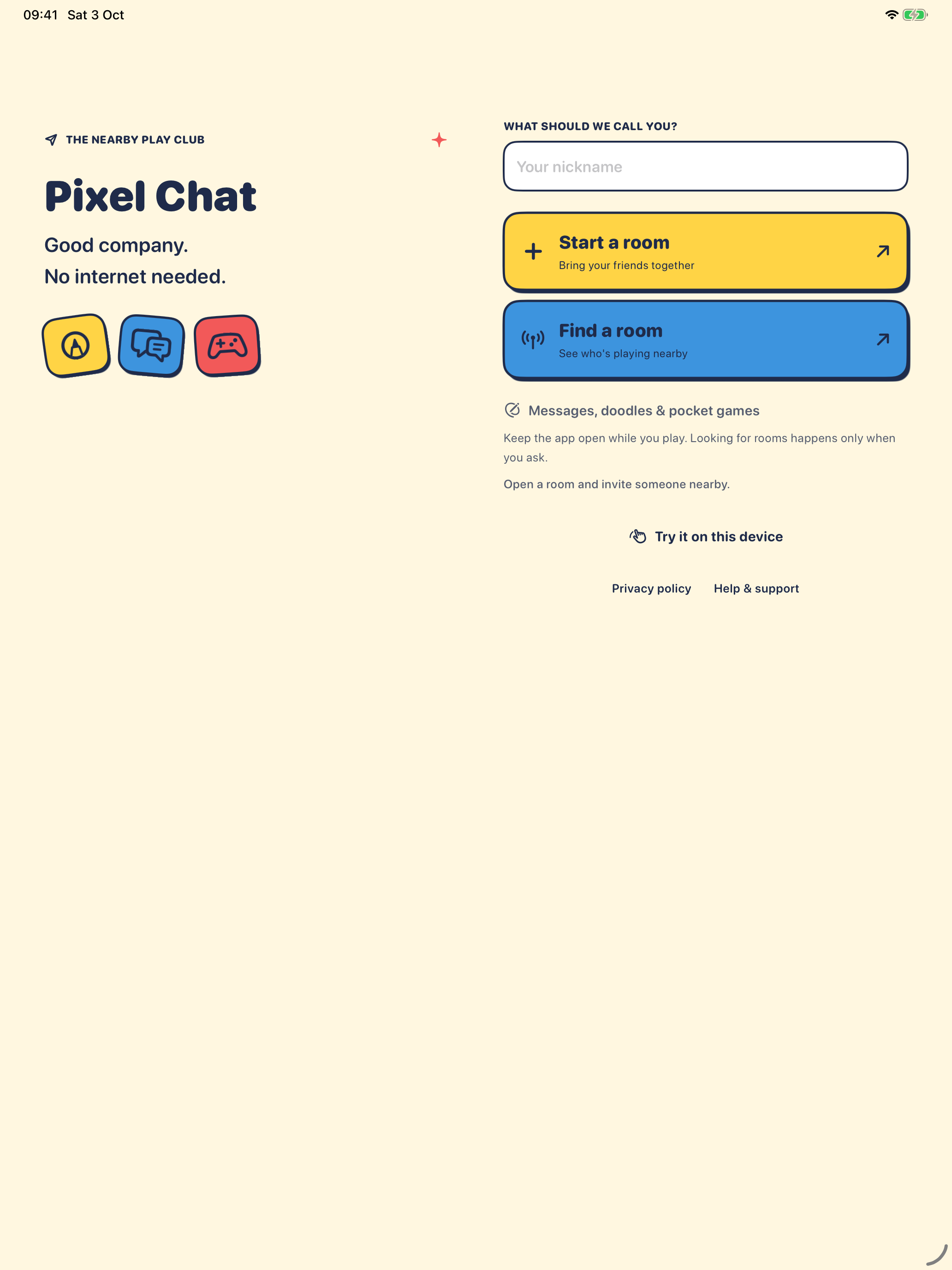 Pixel Chat welcome screen on iPad