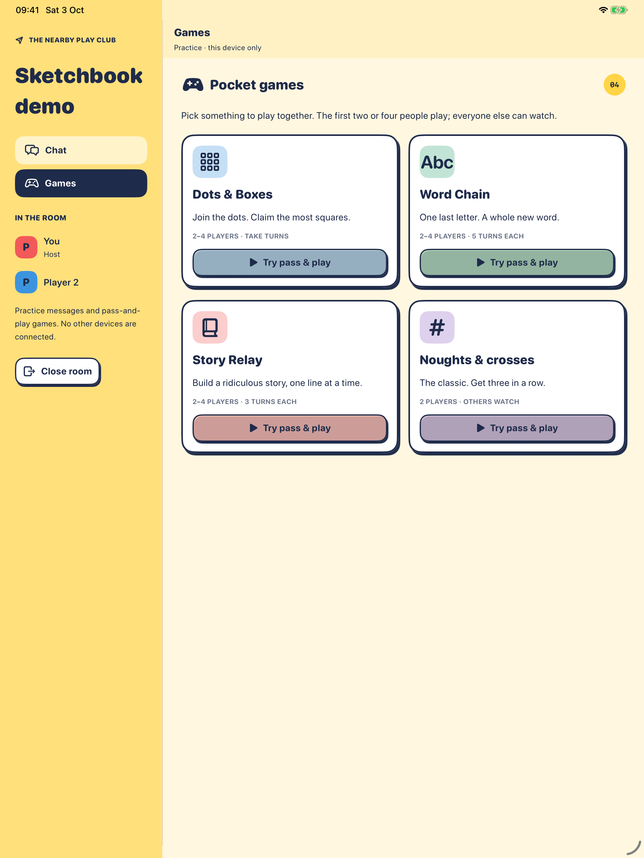 Pocket games in the single-device practice room on iPad