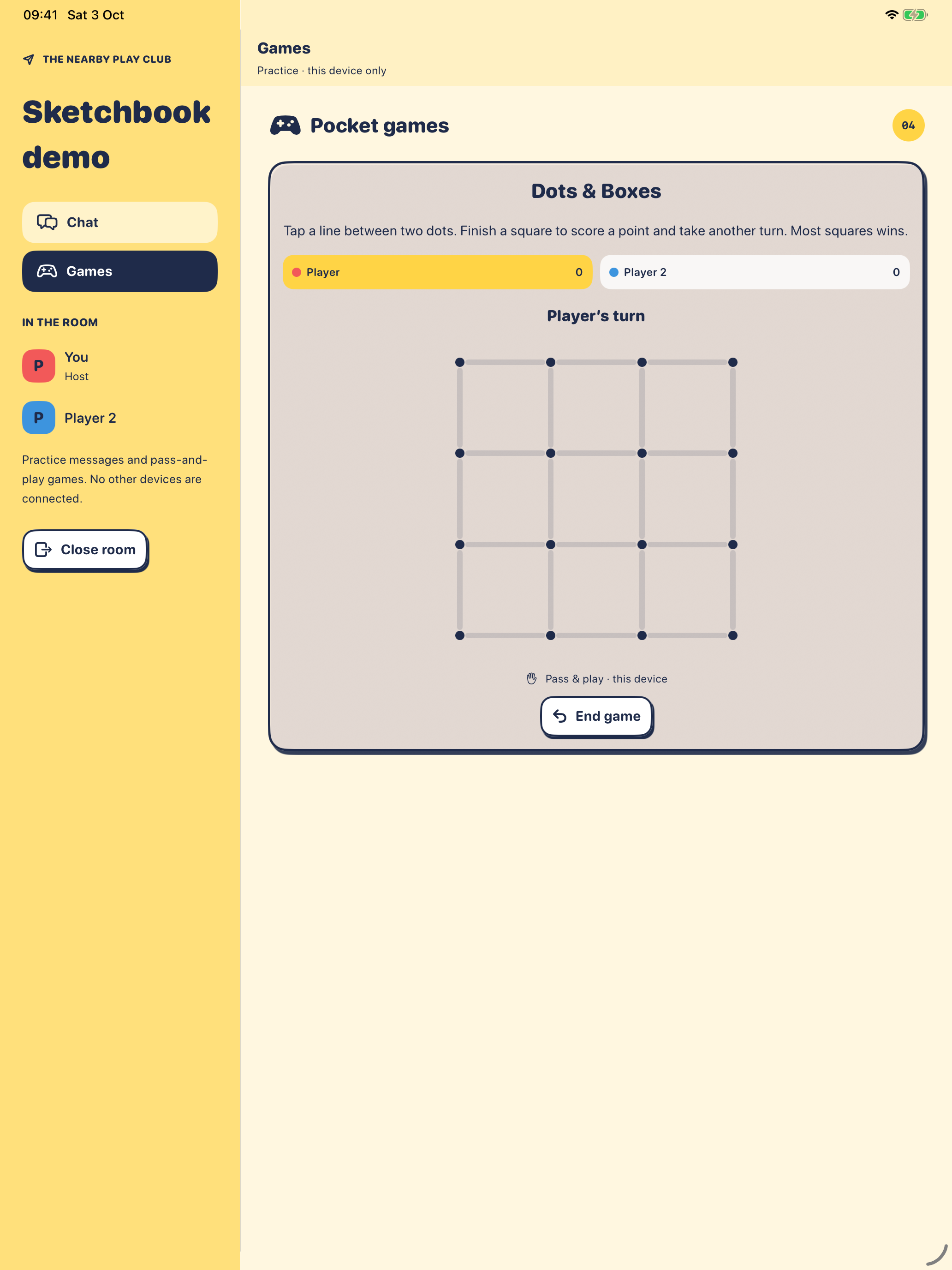 Dots and Boxes in single-device practice mode on iPad