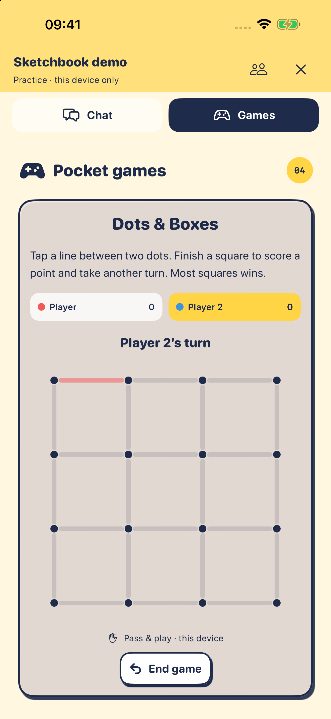 Dots and Boxes in single-device practice mode on iPhone
