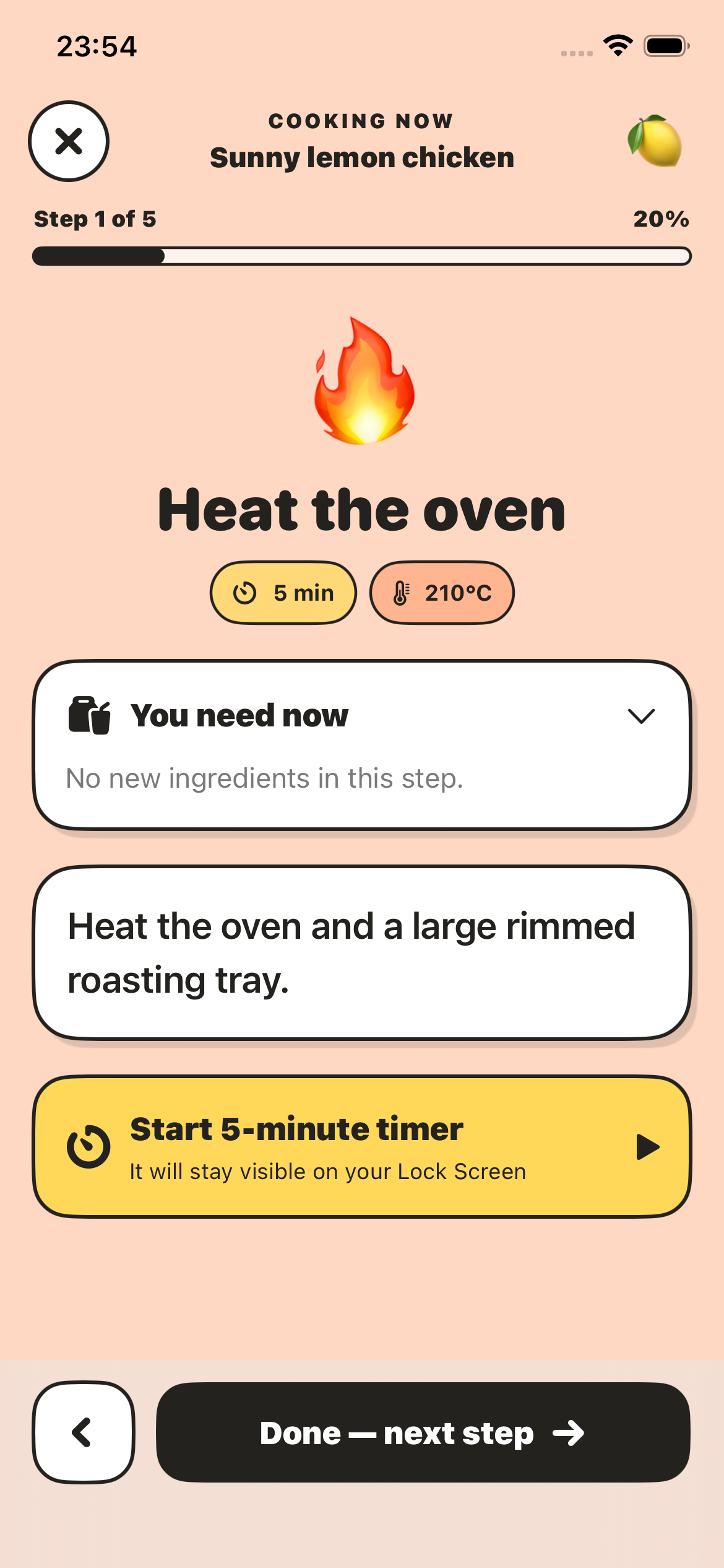 Guided cooking step with ingredients, instructions and a timer