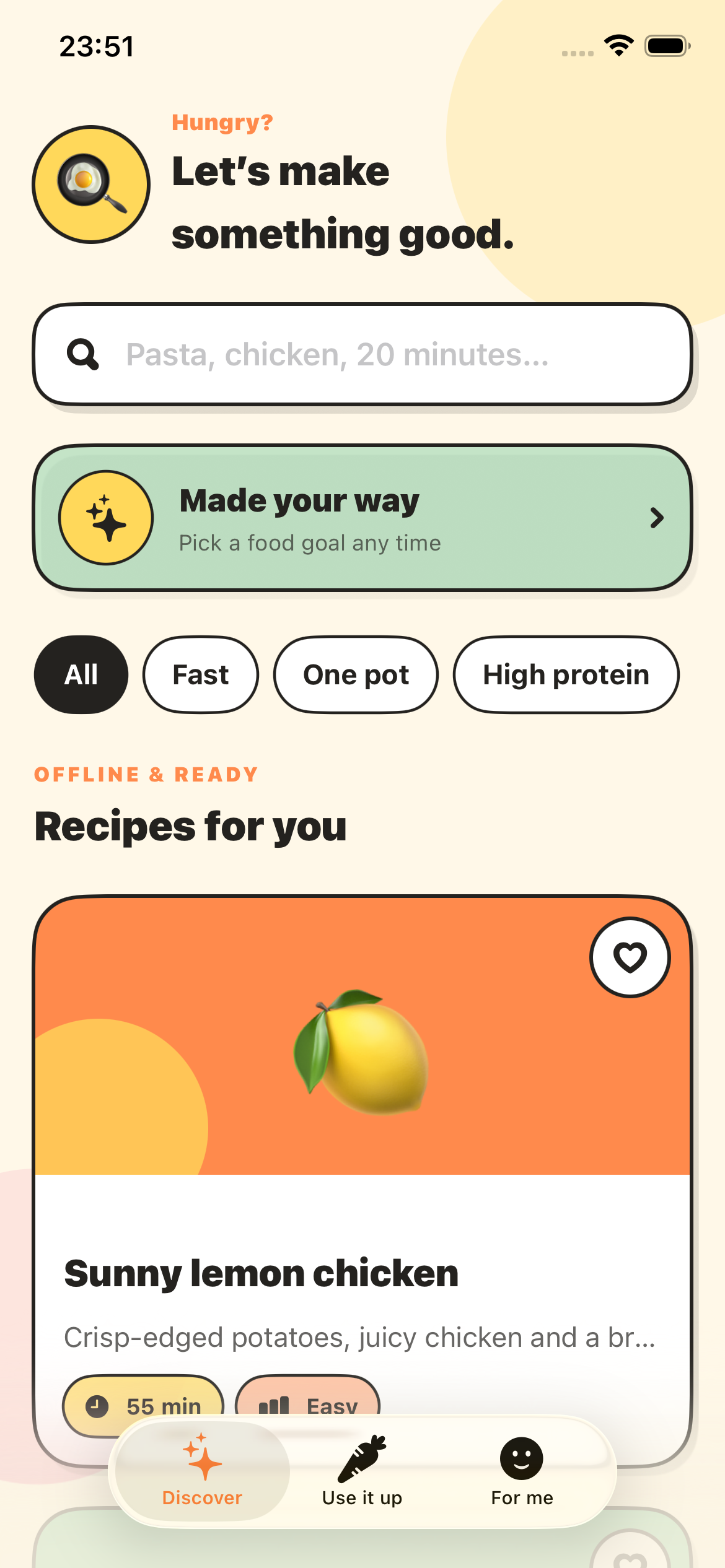 Recipe discovery screen with search, filters and recipe cards