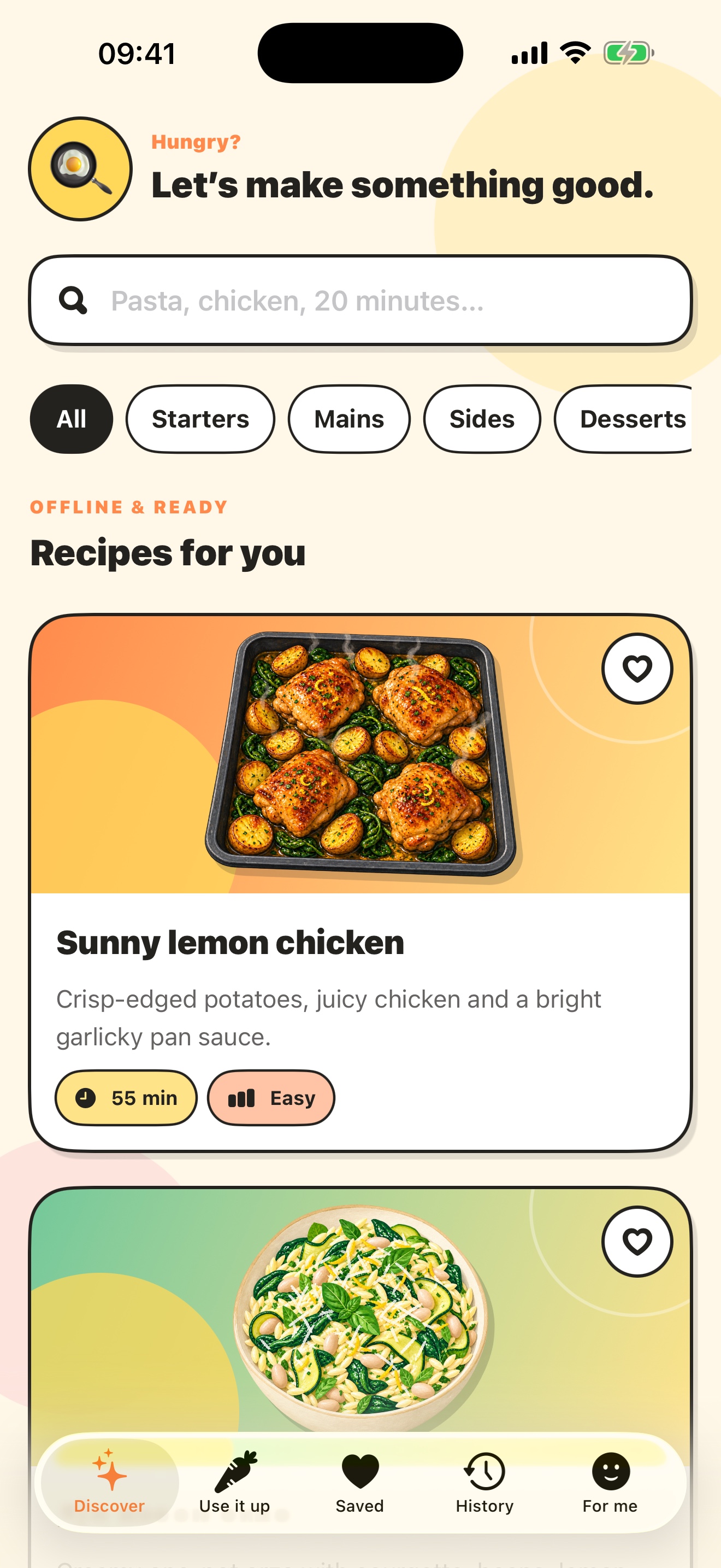 Cook Cook Cook discovery screen with search, course filters and recipe cards