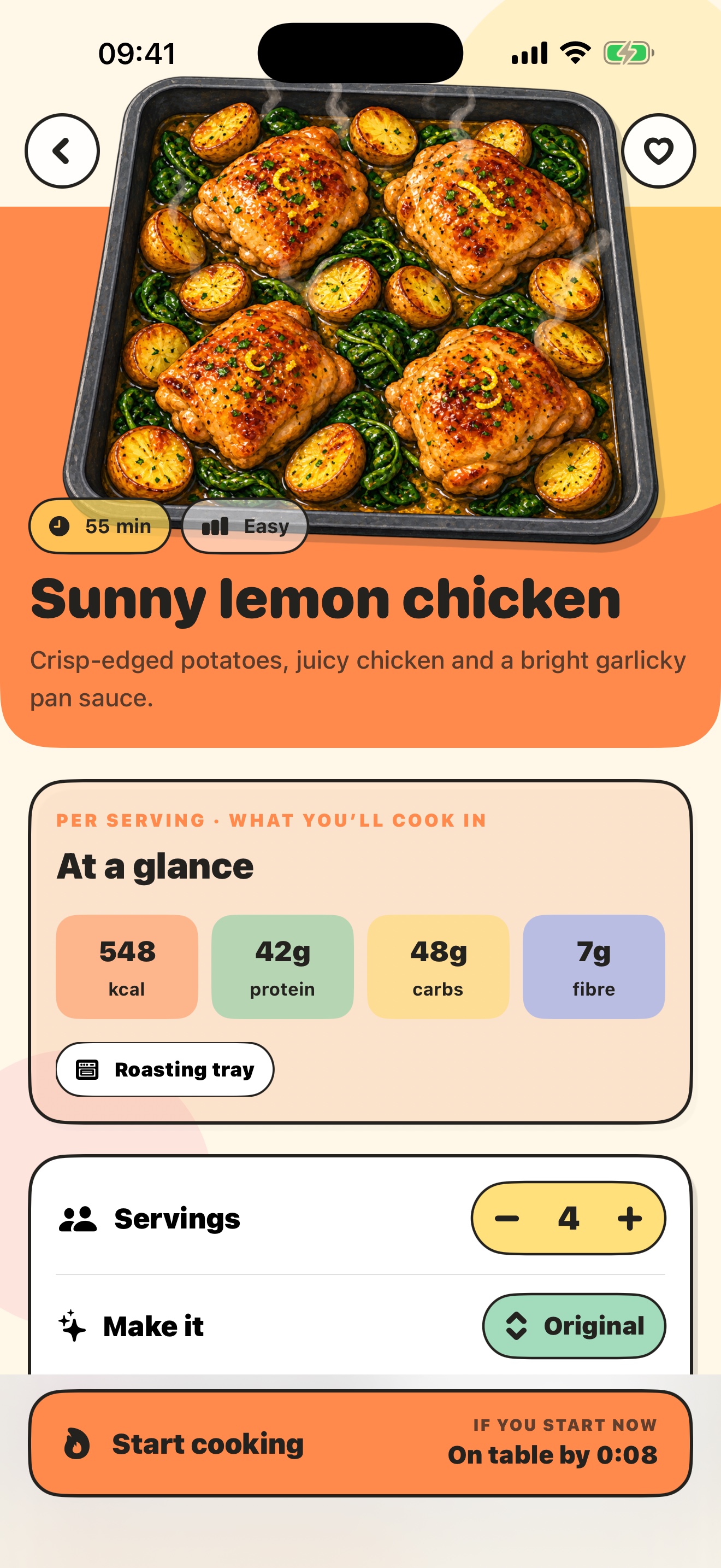 Recipe details with nutrition, serving controls and cooking options