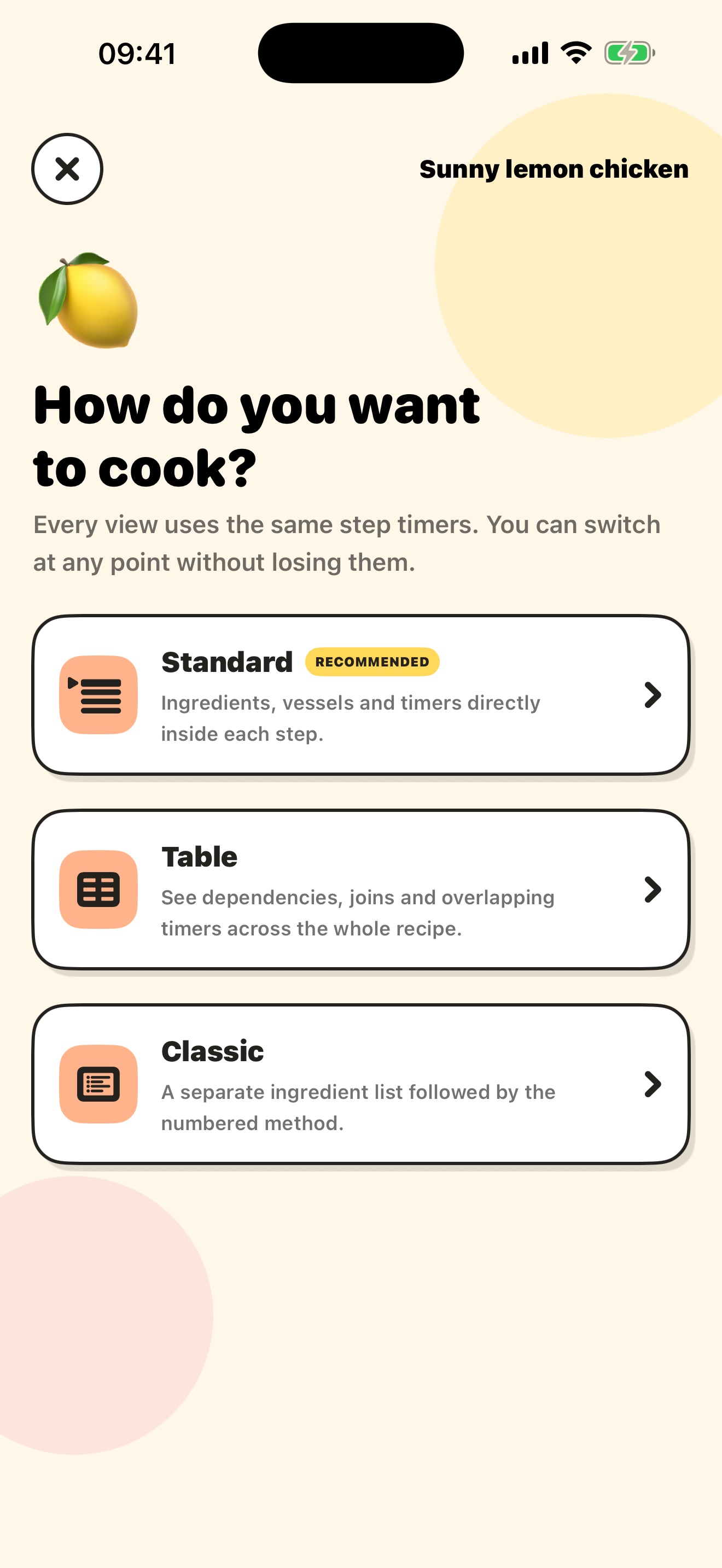 Choice of standard, table and classic cooking views
