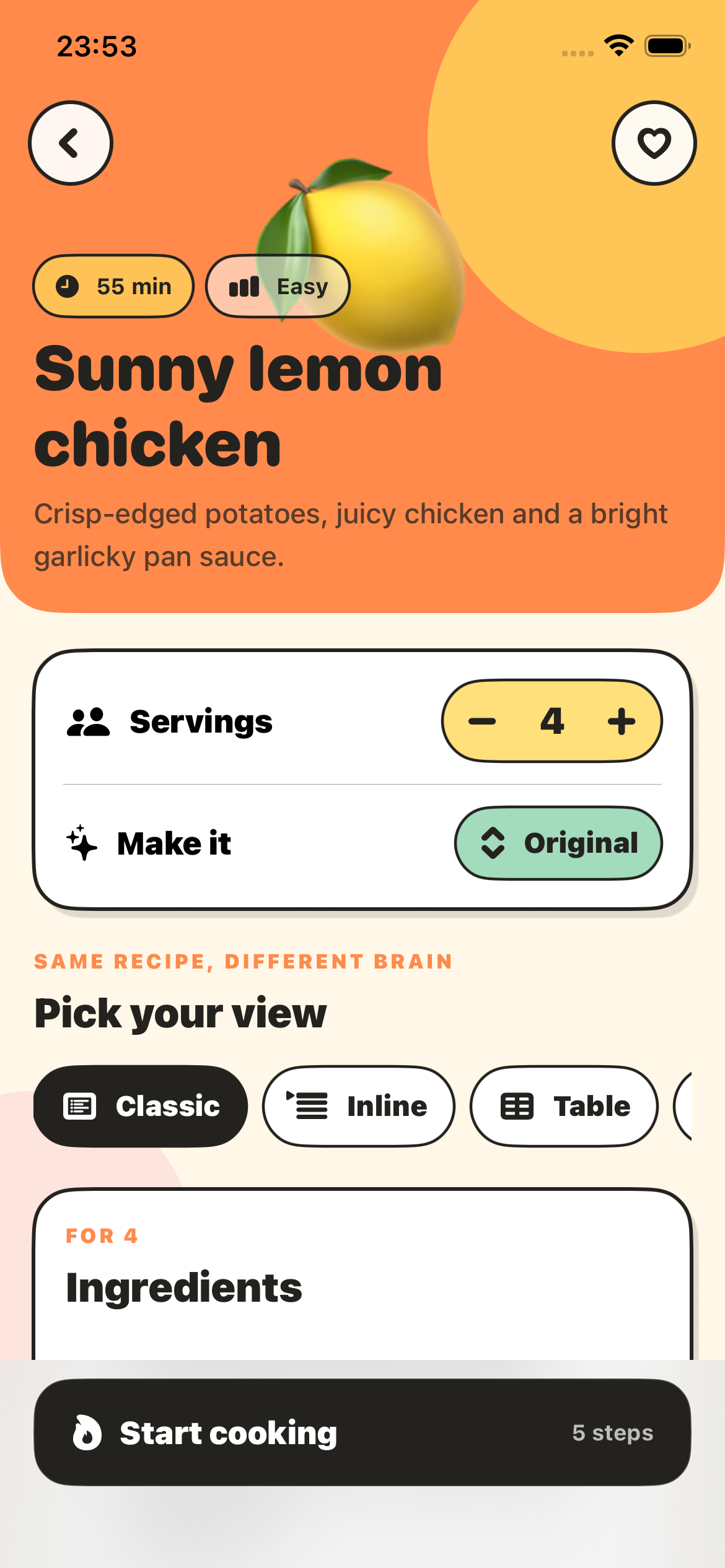 Recipe details with serving controls and different recipe views
