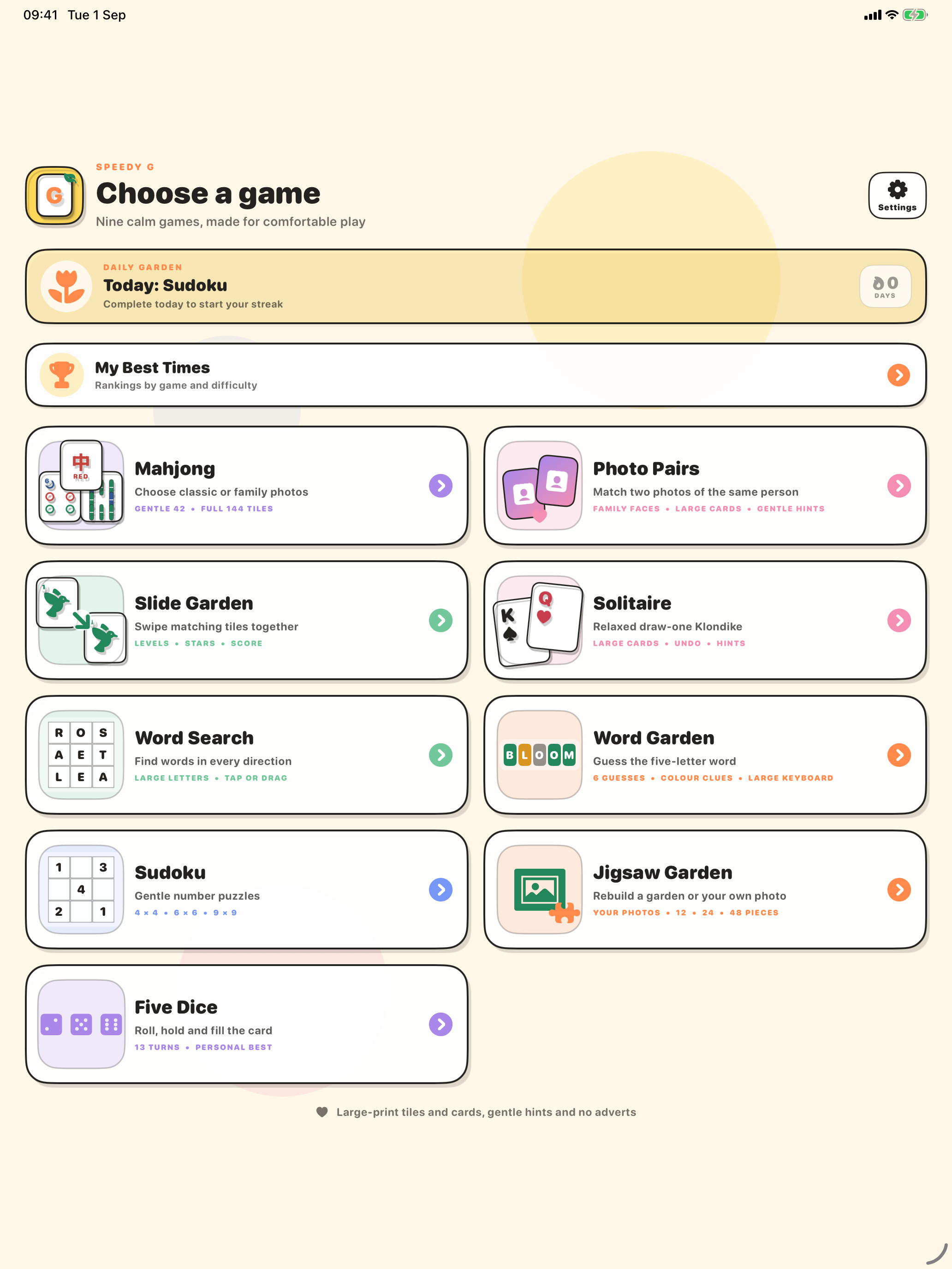 Speedy G Games menu on iPad