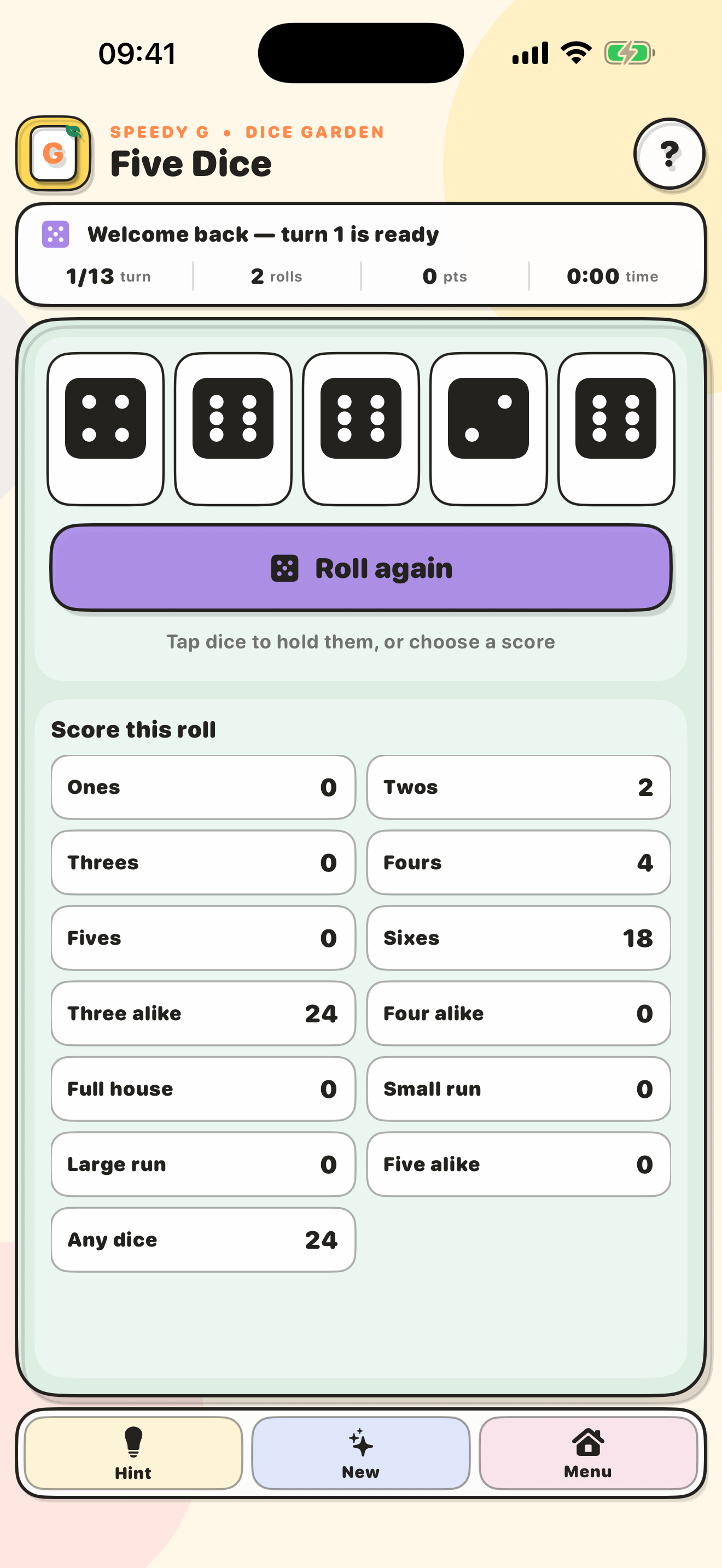 Five Dice game with score categories