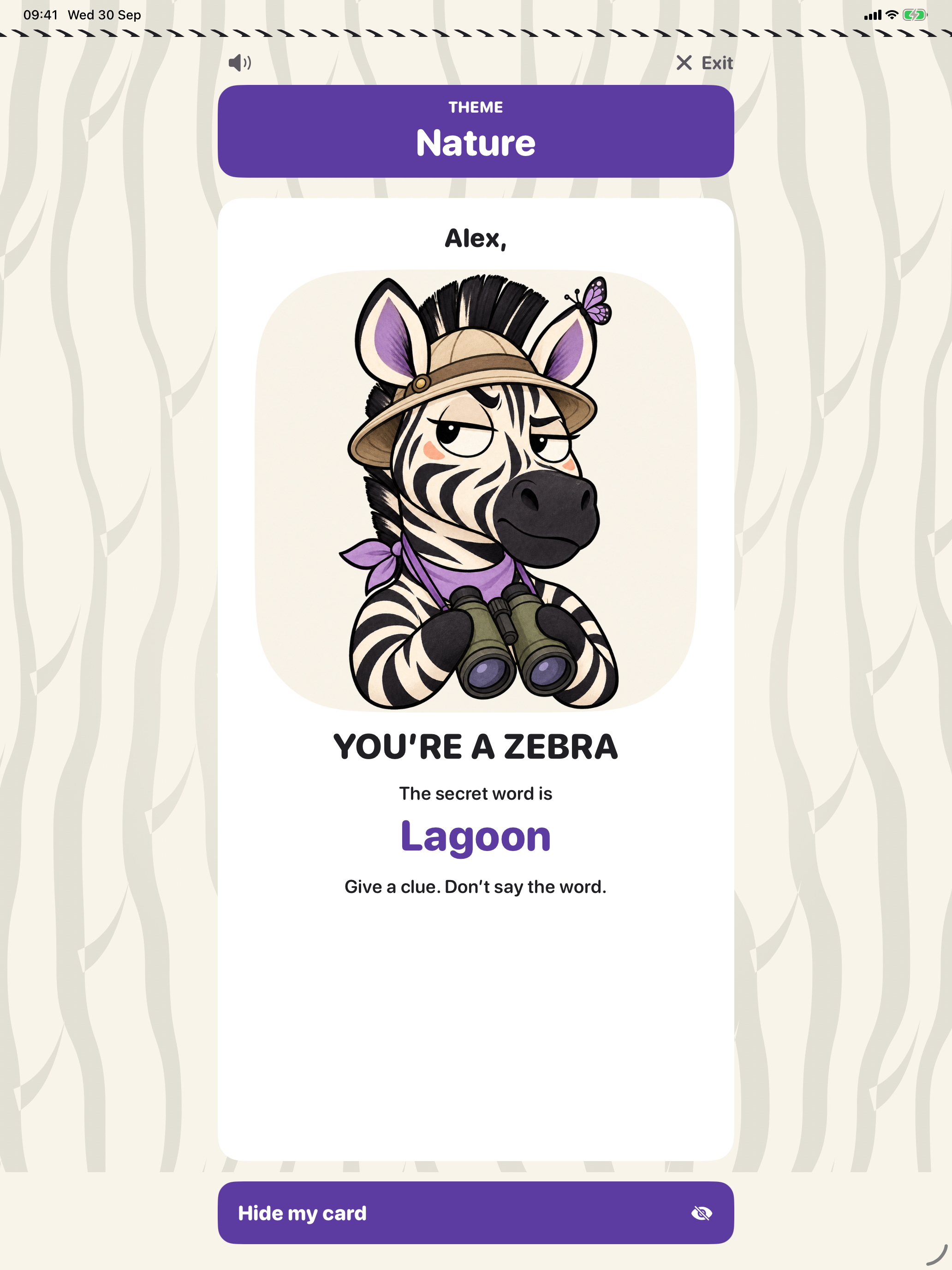 A zebra player card on iPad