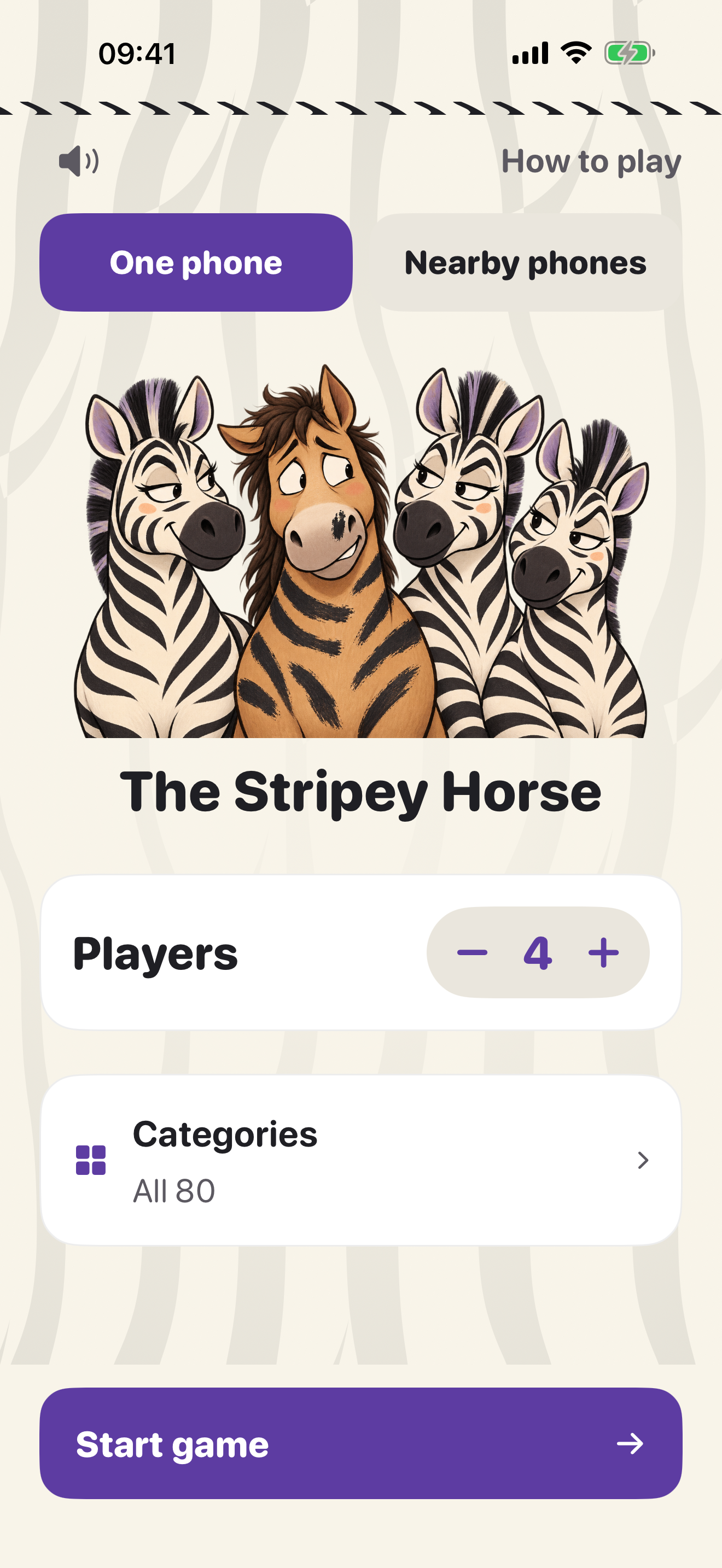 The Stripey Horse home screen with horse and zebra artwork