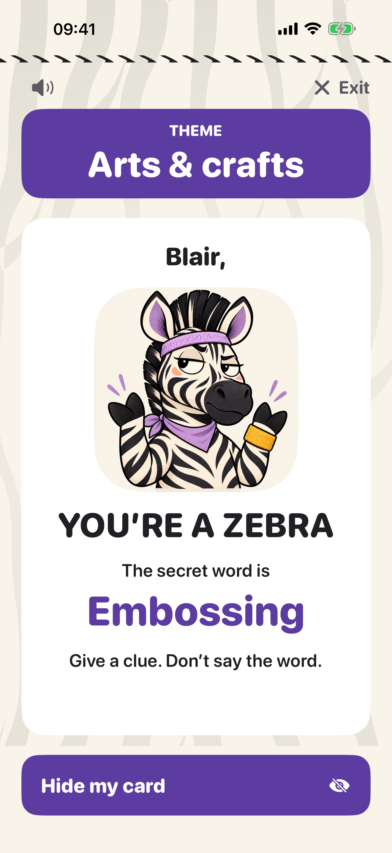 A zebra player card showing the secret word