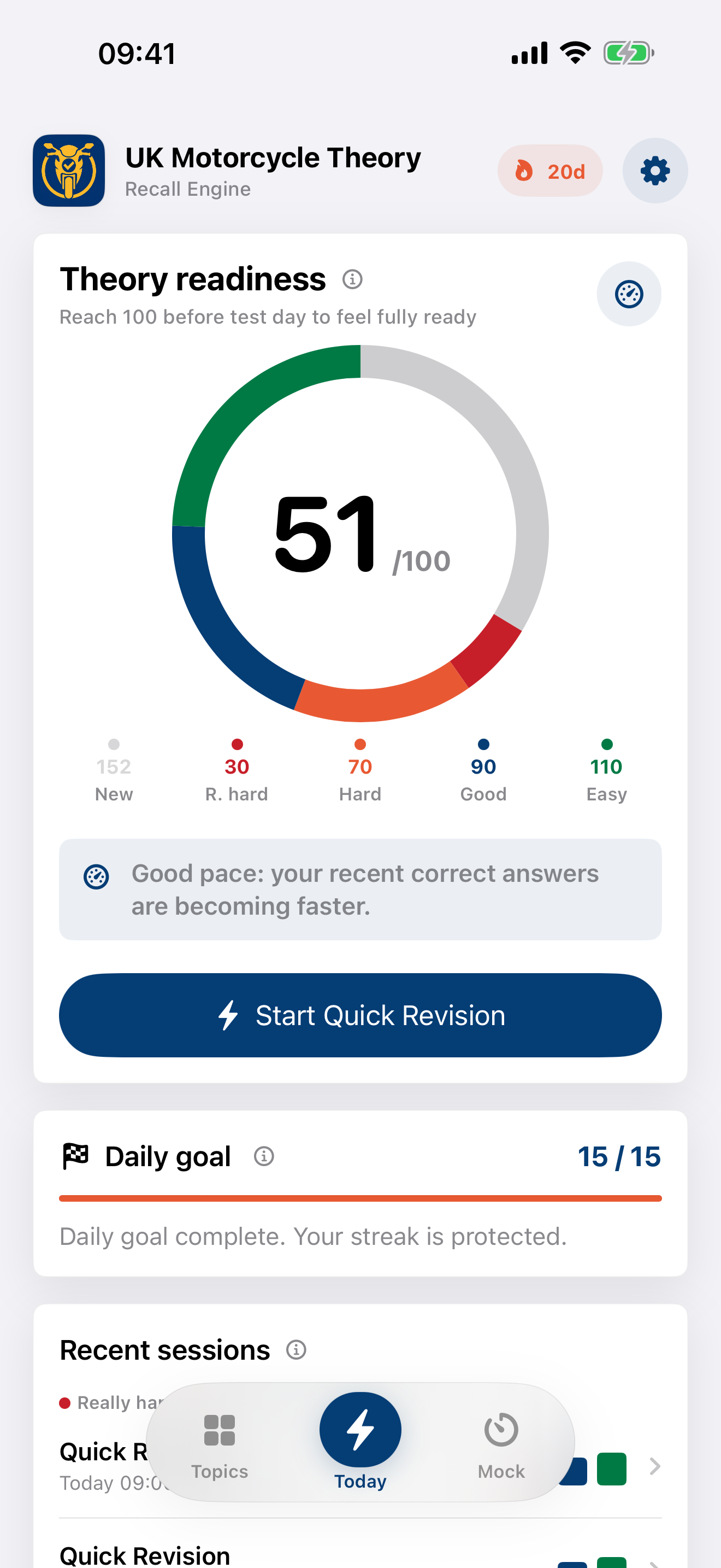 UK Motorcycle Theory app dashboard